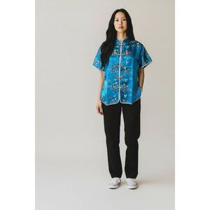 Silk Short-Sleeve Chinese Qipao Top With Floral & Butterfly Print